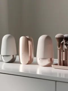 Modern makeup brush sanitizers displayed on a vanity, ready for use.