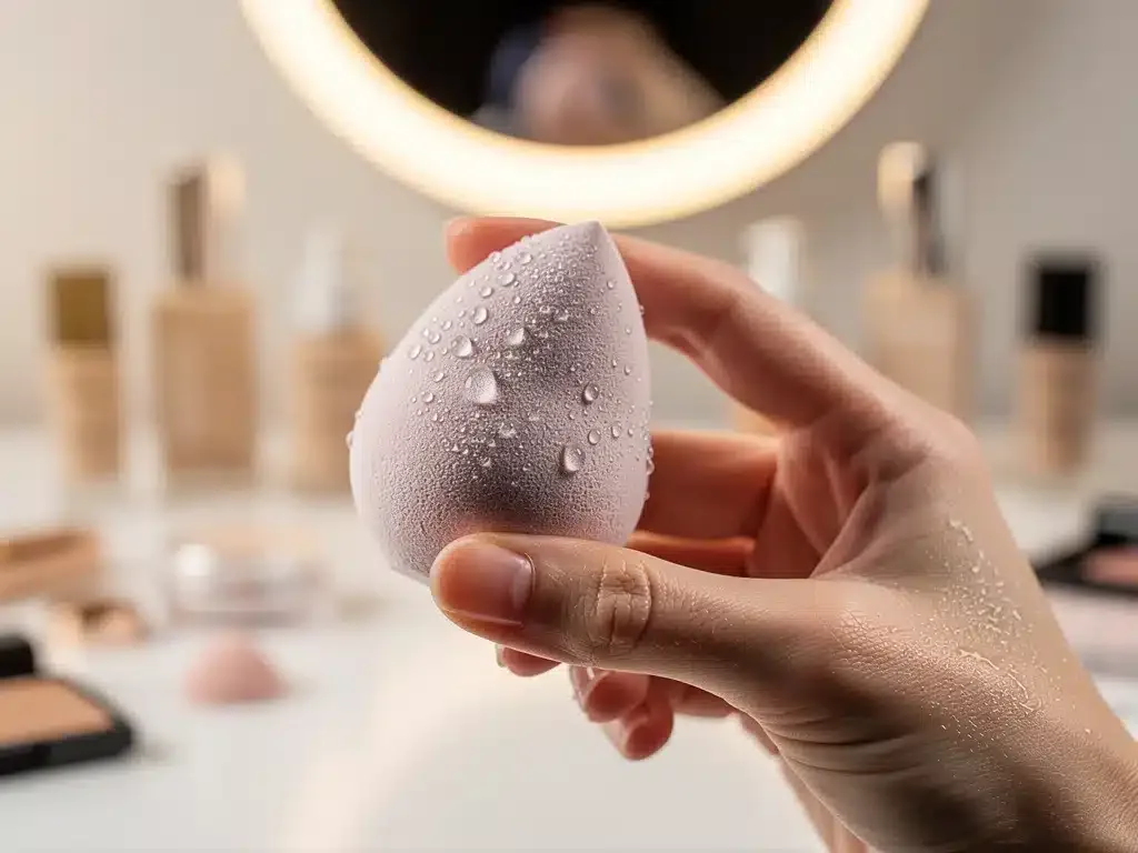Damp makeup sponge for hydro-fusion foundation blending