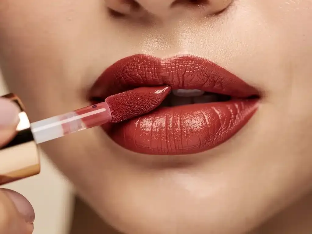 Woman applying a long-lasting liquid lipstick with elegant precision