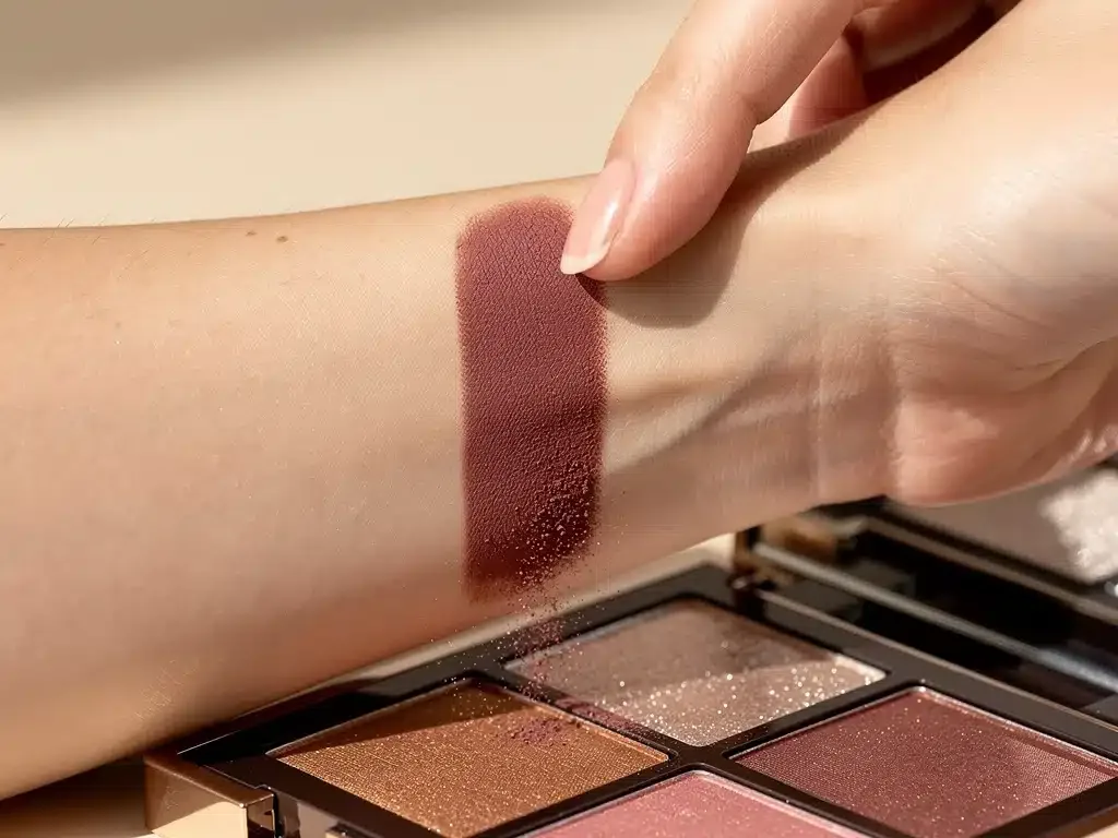 Close-up of a hand demonstrating highly pigmented eyeshadow swatch from a 2026 top palette.