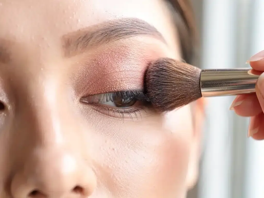 Beauty influencer seamlessly blending eyeshadow on eyelid, highlighting superior blendability of a 2026 palette.