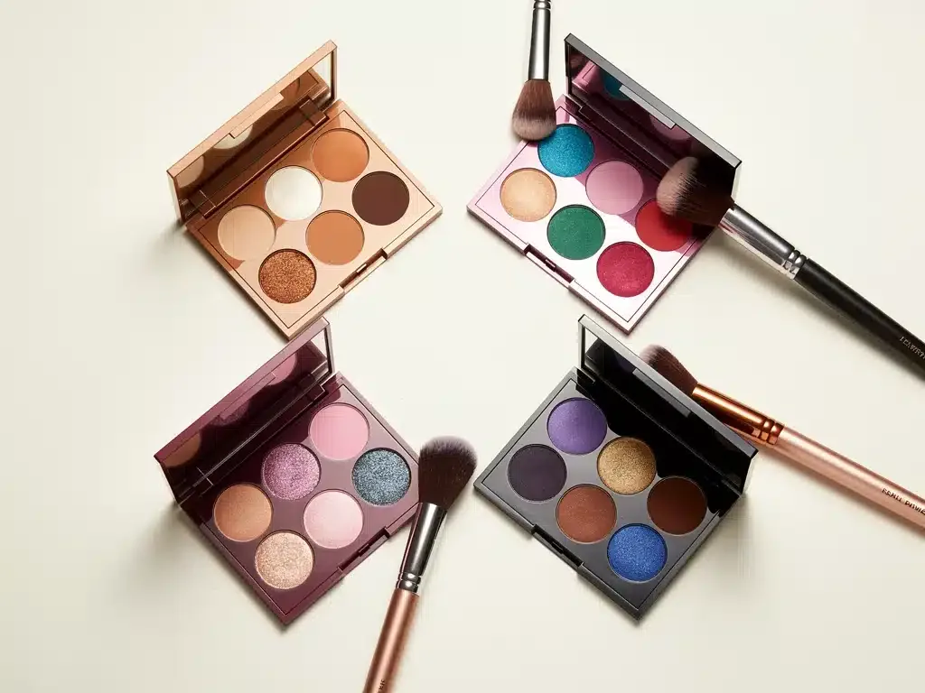 Six top eyeshadow palettes of 2026, open and displaying vibrant, blendable shades, ready for makeup application.