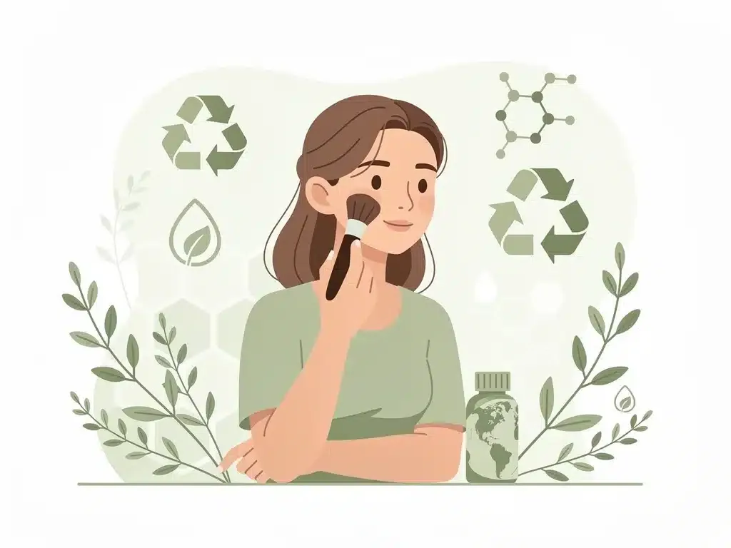 Woman applying makeup with eco-friendly brush, surrounded by nature and sustainability symbols