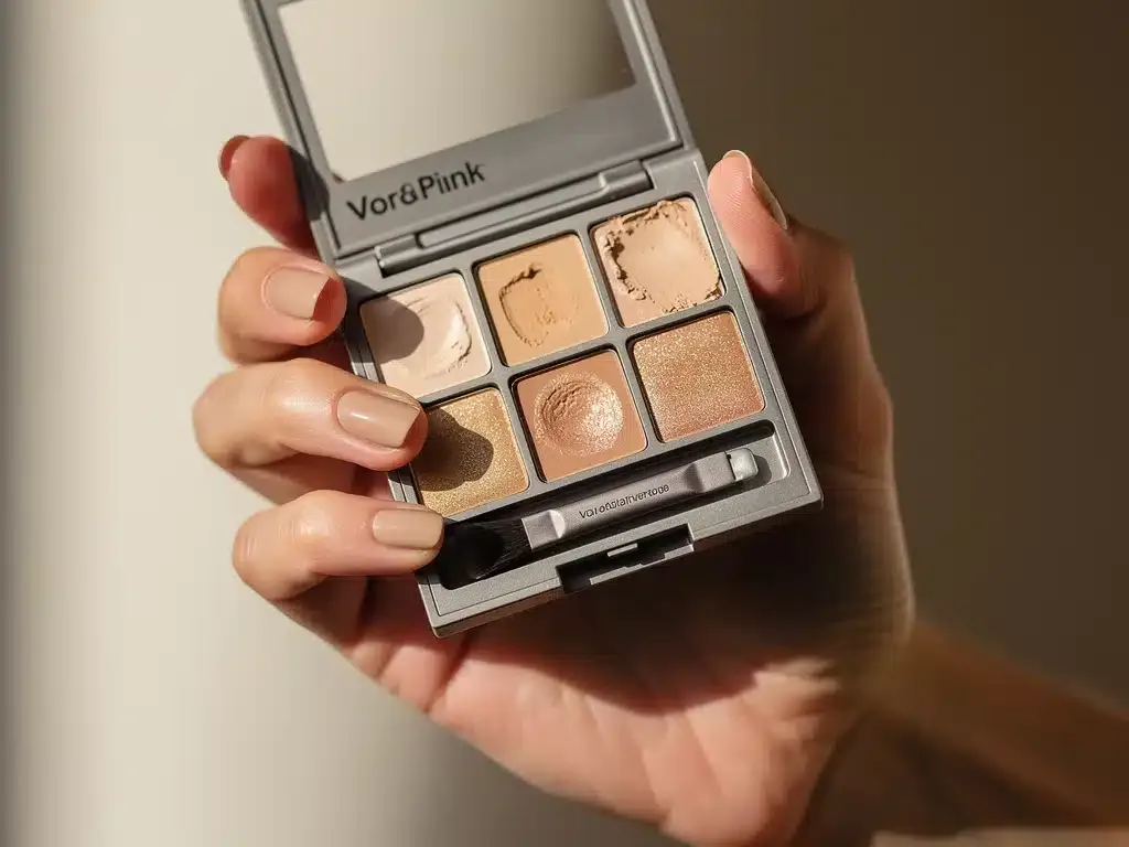 Hand holding a refillable sustainable makeup palette, emphasizing eco-conscious packaging