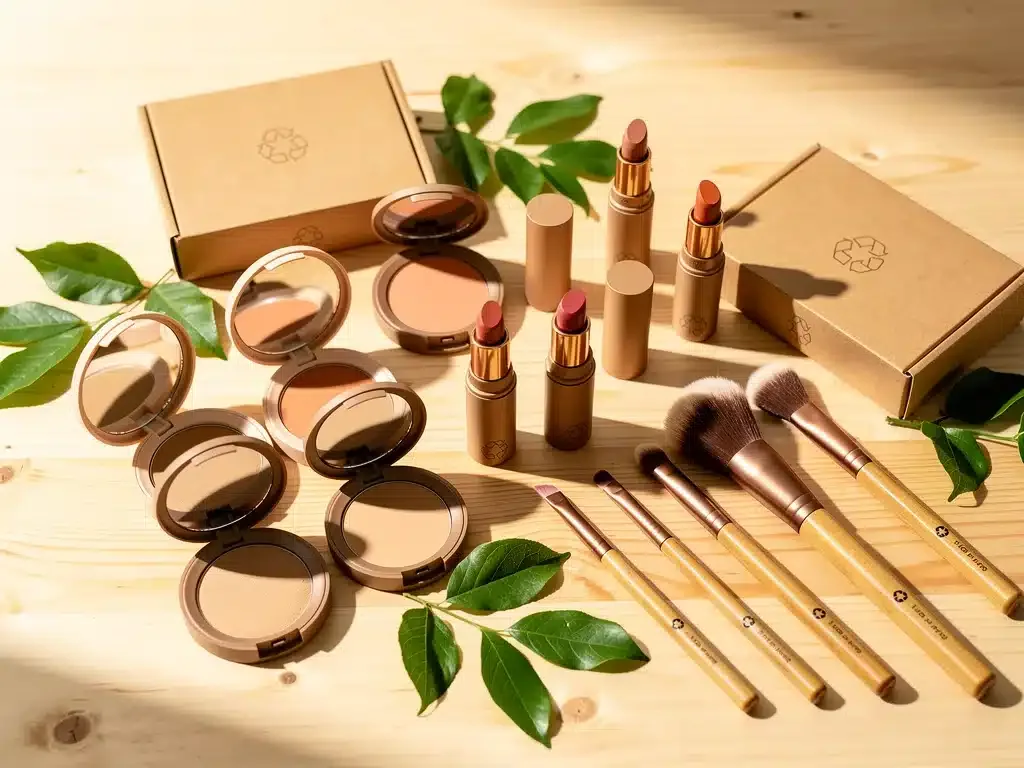 Sustainable beauty products on a wooden surface with green leaves, emphasizing eco-friendly movement