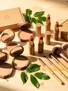 Sustainable beauty products on a wooden surface with green leaves, emphasizing eco-friendly movement