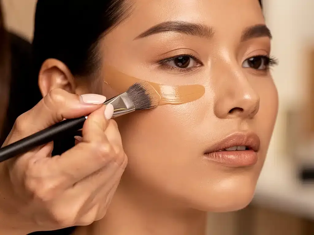 Makeup artist applying cream contour to a model's cheekbone with a professional brush.