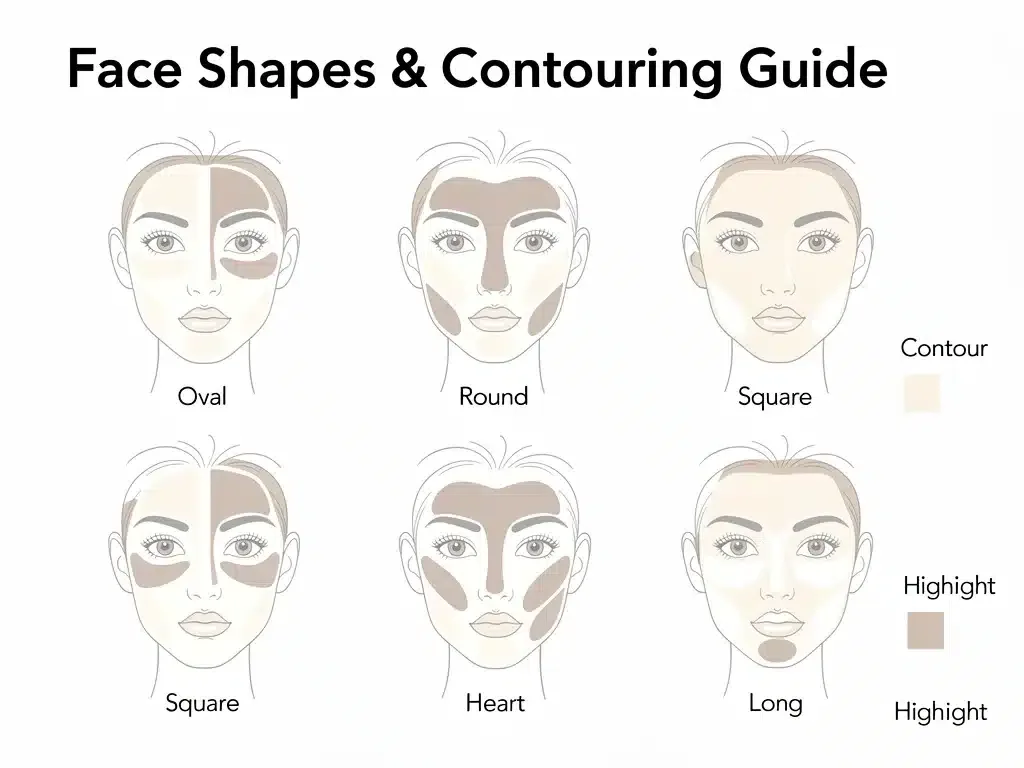Infographic showing contouring and highlighting techniques for various face shapes.