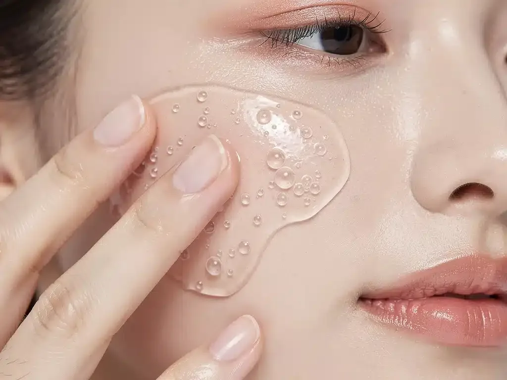 Hand applying innovative gel makeup remover, clean skin, gentle cleansing technology