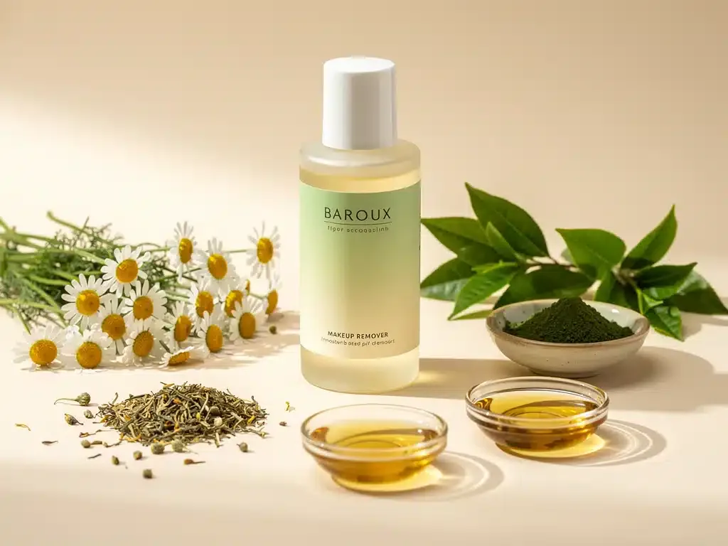 Natural ingredients surrounding innovative makeup remover, botanical extracts, gentle formula