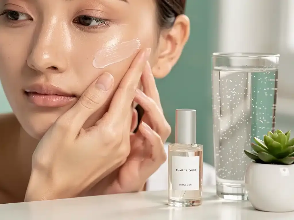 Hydrating primer being applied to dry skin for a dewy look.
