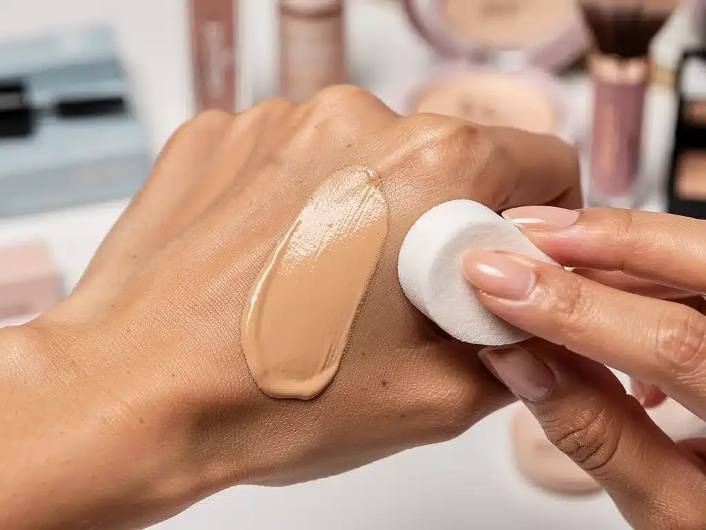 Applying affordable drugstore foundation for flawless skin.