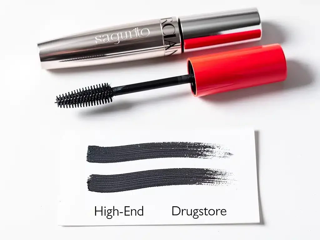 Mascara comparison, high-end versus drugstore dupe, showing similar lash effects.