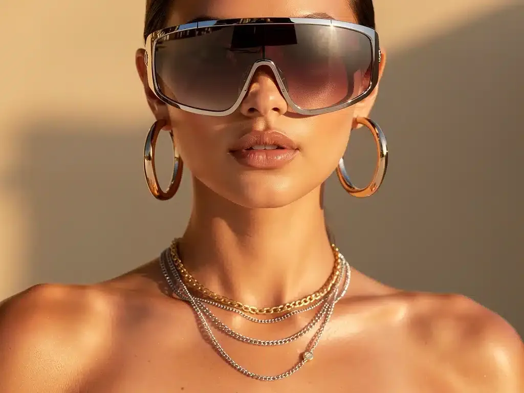 Model showcasing oversized futuristic sunglasses and layered necklaces, embodying summer 2026 trends.
