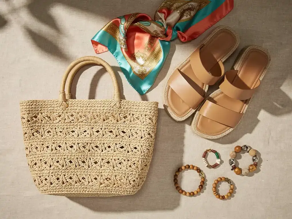 Woven tote bag, platform sandals, silk scarf, and beaded bracelets for summer 2026.