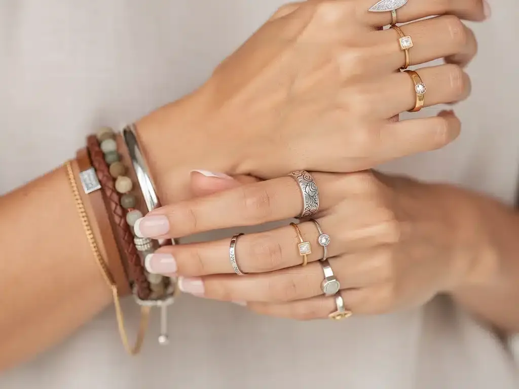 Hands layering rings and bracelets, showcasing smart jewelry pairing