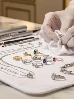 Expert hands meticulously cleaning a diamond ring with a soft brush and solution.