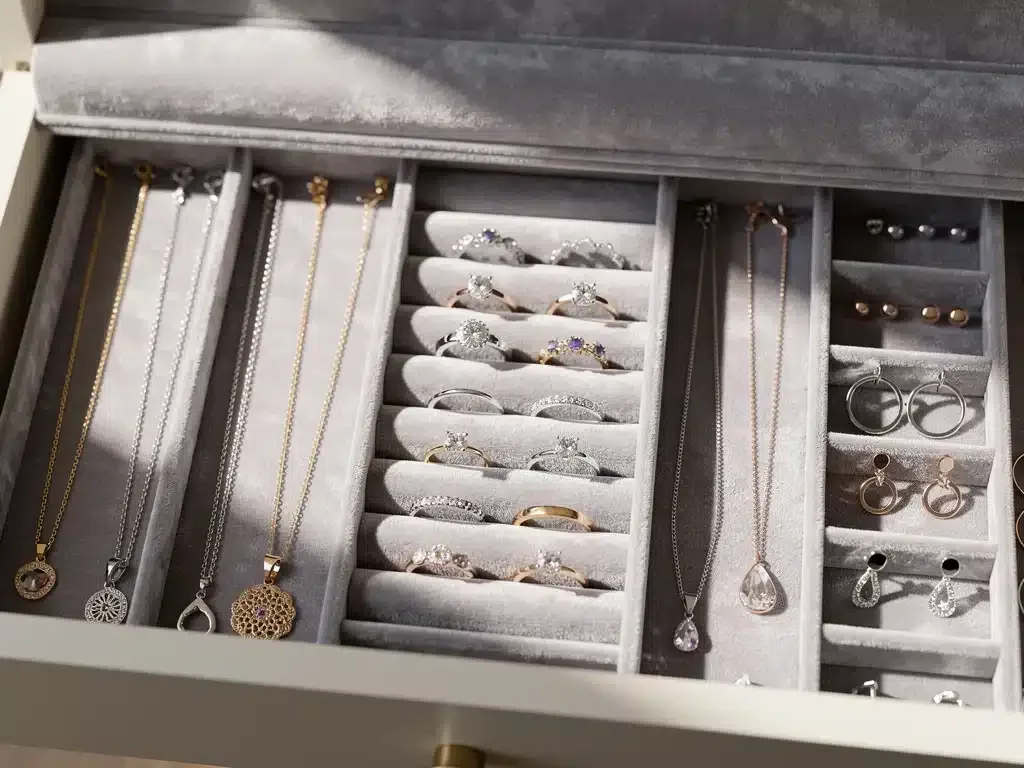 Jewelry drawer organizer with various pieces of jewelry neatly separated and tangle-free, showcasing effective storage.