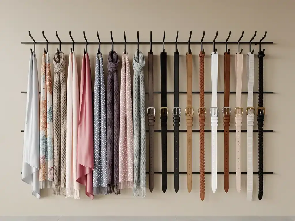 Wall-mounted accessory display for scarves and belts, showing organized and accessible fashion items.