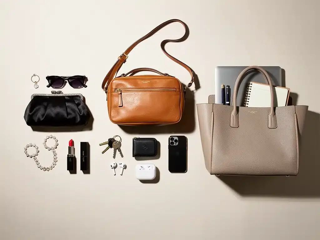 Assortment of handbags for various occasions, including clutch, crossbody, and tote.