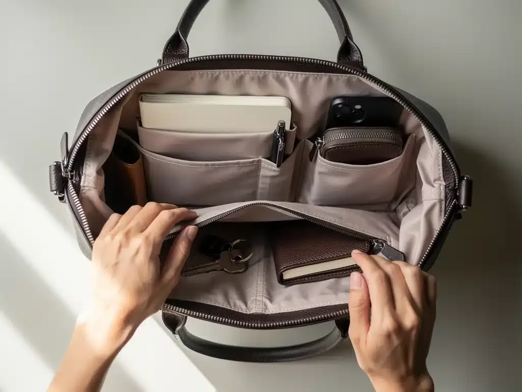Organized handbag interior with compartments and essential items.