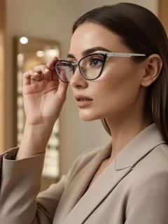 Woman trying on cat-eye glasses, showcasing Eyewear Trends 2026