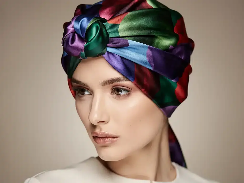 Silk scarf tied as a chic headwrap, showcasing a vibrant floral print.