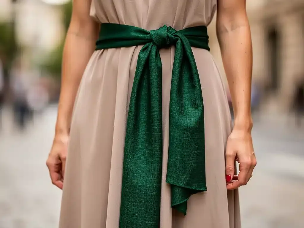Fashionable scarf used as a belt over a long dress, adding waist definition.