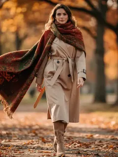 Woman styling a large patterned scarf with a trench coat for Fall 2026 fashion.