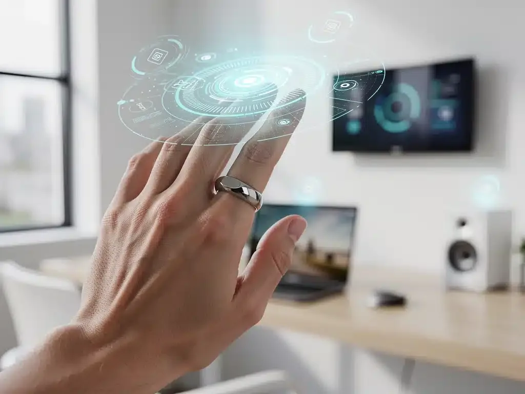 Hand interacting with holographic interface from a smart ring, demonstrating advanced gesture control.
