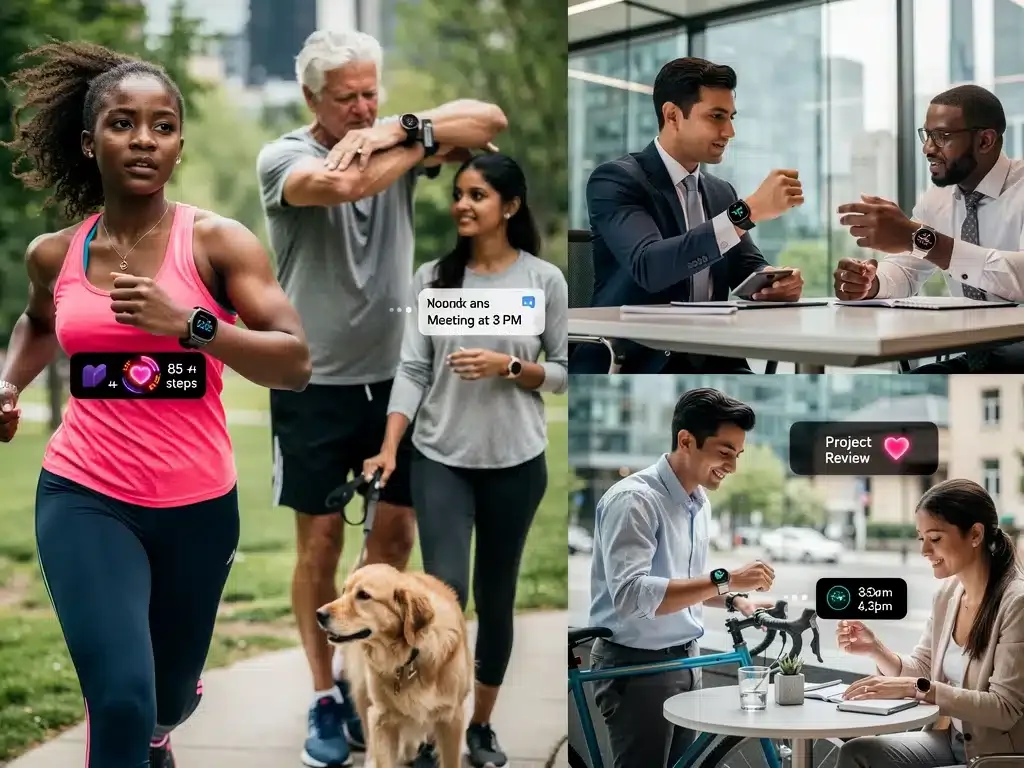Diverse individuals wearing stylish smart watches and wearable tech during daily activities.