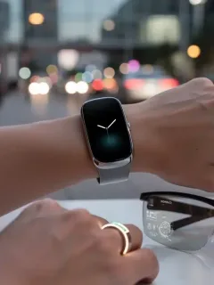 Futuristic smart watch and wearable tech accessories on a wrist, showcasing integrated style and function for 2026.