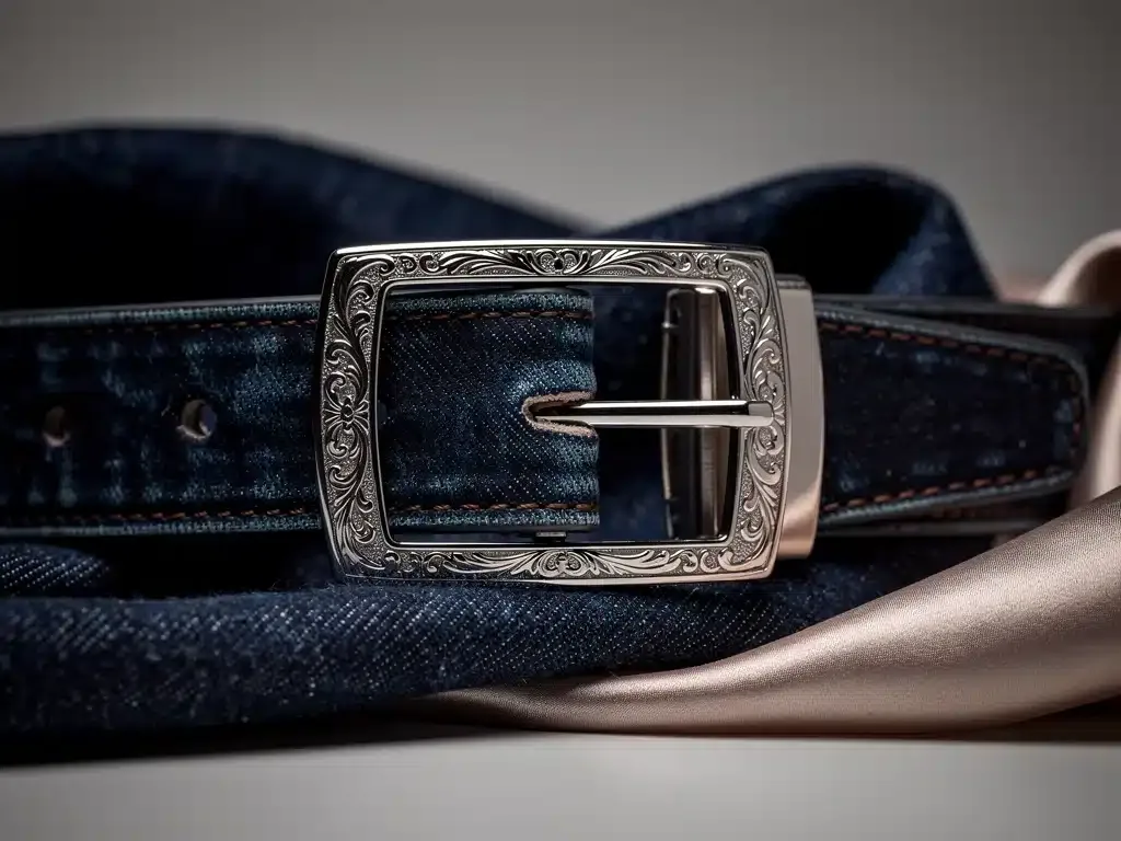 Detailed view of an ornate belt buckle enhancing an outfit