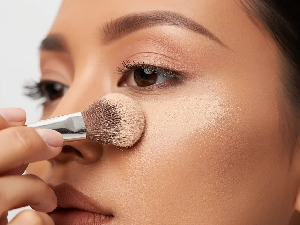 Makeup artist applying setting powder using micro-baking technique