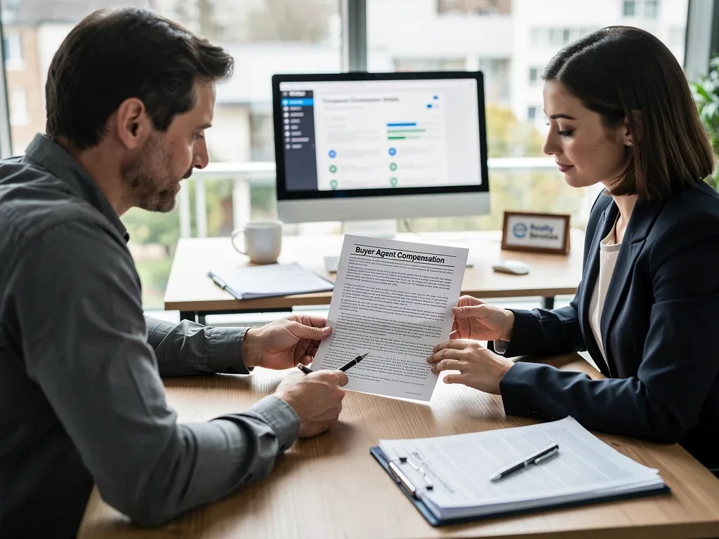 Homeowner reviewing contract with agent, focusing on buyer agent compensation transparency.