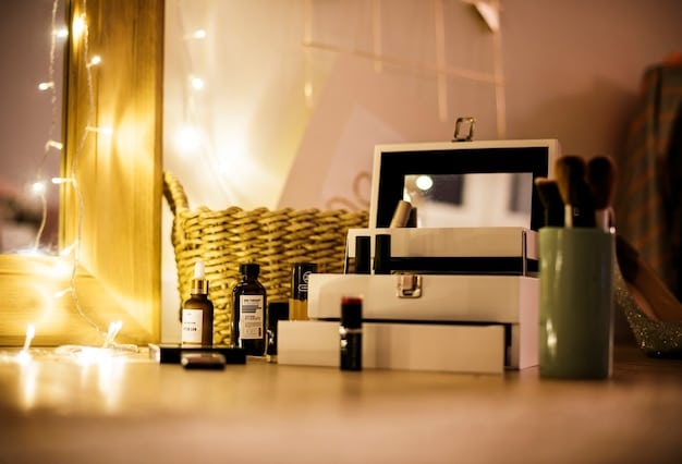 A sleek, modern vanity table with various makeup products neatly organized, some with small date labels on them, under soft lighting.