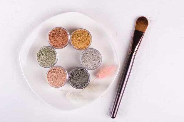 A detailed flat lay of various setting powders and brushes, emphasizing their fine textures and soft bristles, with a subtle hint of a makeup palette in the background.