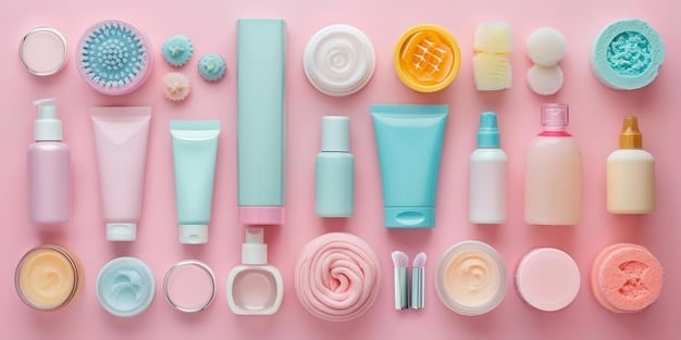 A selection of skincare and makeup products explicitly labeled 