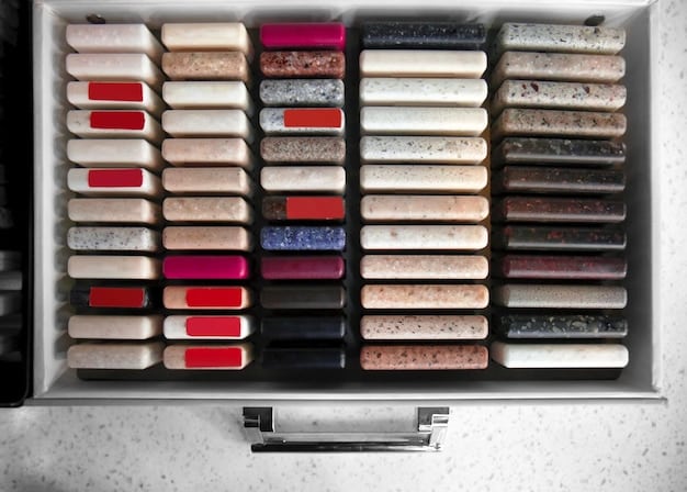 A close-up of a neatly organized makeup drawer with custom dividers, showcasing individual lipsticks, single eyeshadows, and blushes in their dedicated compartments, labeled for easy identification.