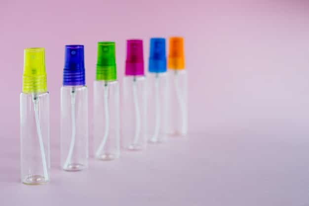 A diverse array of setting spray bottles, varying in size and design, displayed neatly on a reflective vanity table. Some bottles are misty from recent use, and the background is slightly blurred to keep focus on the product variety.