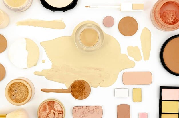 A detailed flat lay of various makeup products, including different brands of setting sprays, foundation bottles, and makeup brushes, arranged aesthetically on a neutral background, highlighting the essentials of a full face of makeup.