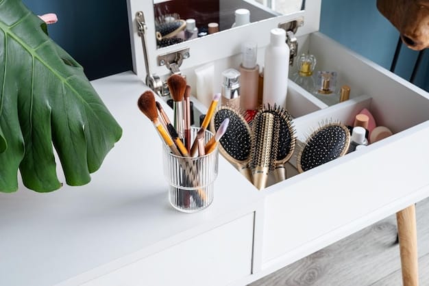 A neatly organized vanity with essential makeup products like tinted moisturizer, concealer, brow gel, mascara, and a lip tint, all in neutral tones, indicating efficiency and simplicity.
