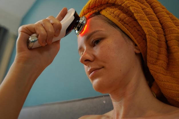 A close-up of a patient's face receiving laser resurfacing treatment, with protective goggles and a clear view of the laser's light beam on the skin.