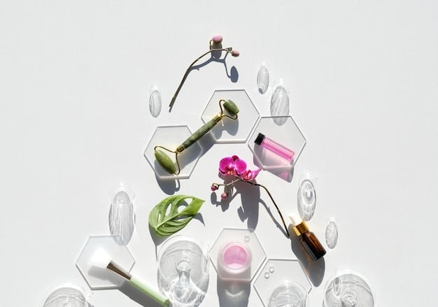 A highly magnified view of various active skin care ingredients, such as hyaluronic acid molecules or retinoid compounds, depicted in a laboratory setting with scientific instruments.