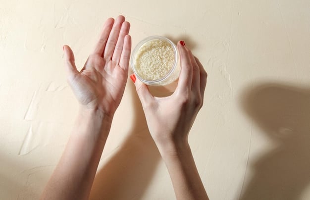A close-up of a hand applying a rich moisturizer infused with colloidal oatmeal onto dry skin, with a focus on the creamy texture and the soothing effect. Overtone is warm and comforting.