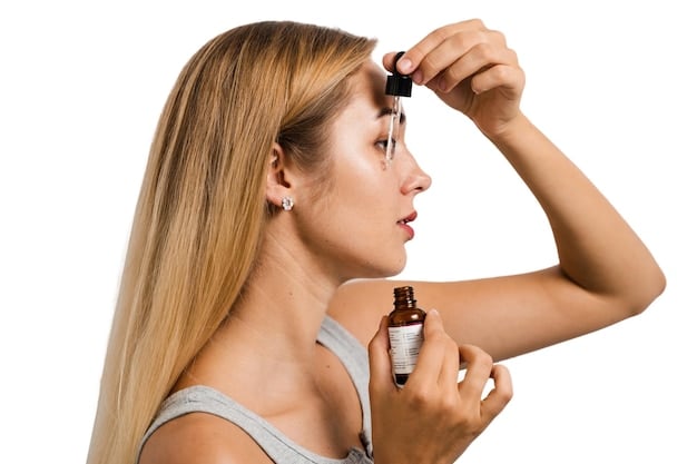 A close-up shot of a woman gently pressing tiny drops of facial oil onto her cheek with her fingertips. Her skin appears luminous and healthy, with soft, diffused lighting highlighting the texture and glow. The focus is on the delicate application and absorption of the oil, emphasizing its beneficial effects.
