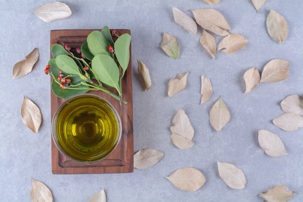 A minimalist flat lay of green tea leaves and a small glass dropper bottle filled with clear facial oil, suggesting natural, lightweight skincare. The background is a crisp white or light neutral surface, emphasizing purity and simplicity.