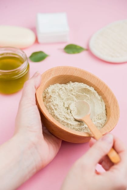 A close-up shot of a soothing DIY face mask featuring oatmeal and honey being mixed in a bowl, with a gentle, soft light illuminating the natural ingredients.
