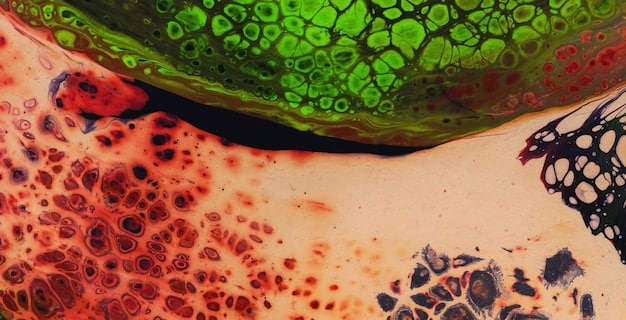 A close-up, magnified view of healthy skin cells alongside damaged, oxidized skin cells, illustrating the impact of environmental factors on cellular health.