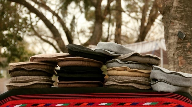 A neatly organized pile of clothes, sorted by type (e.g., shirts, pants, sweaters), on a clean, light-colored floor, with labels indicating 'Keep', 'Donate', and 'Repair'. The lighting is bright and even, highlighting the clear separation of categories.